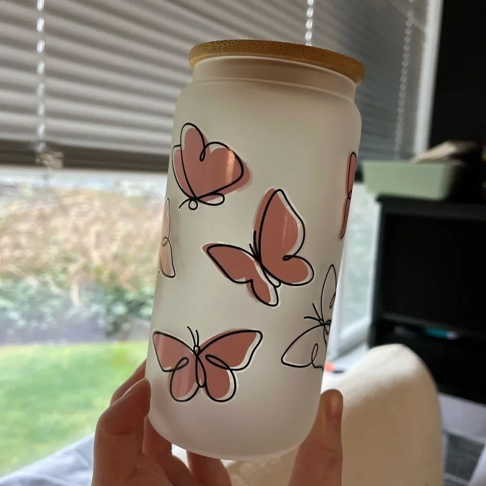 Butterfly Frosted Glass Cup with Bamboo Lid‎ NEW 16 oz